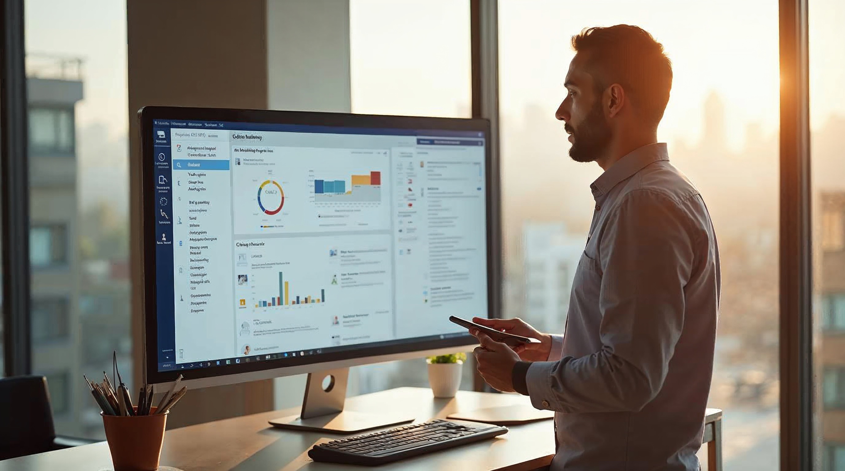 Operations leader at a clean modern workstation reviewing a verification dashboard