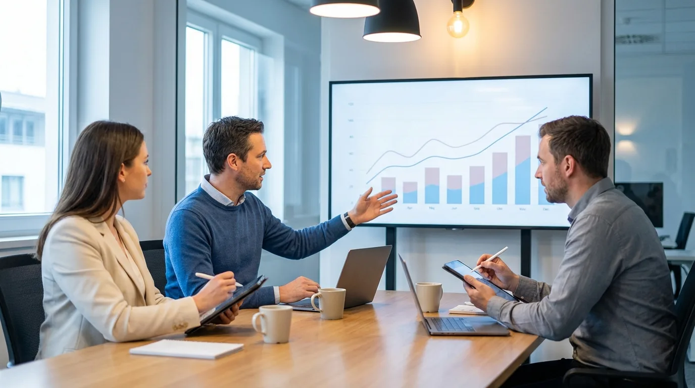 Marketing team reviewing organic search analytics dashboards